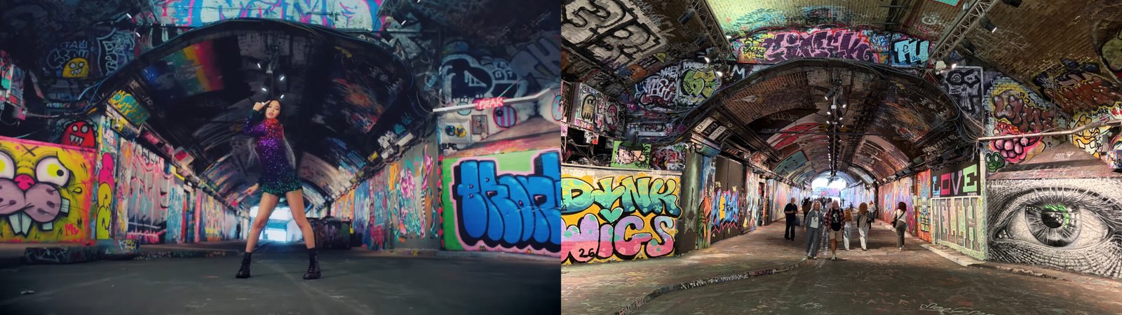 This scene from the music video for "Solo" by Jennie was filmed at Leake Street Arches, also known as Graffiti Tunnel.