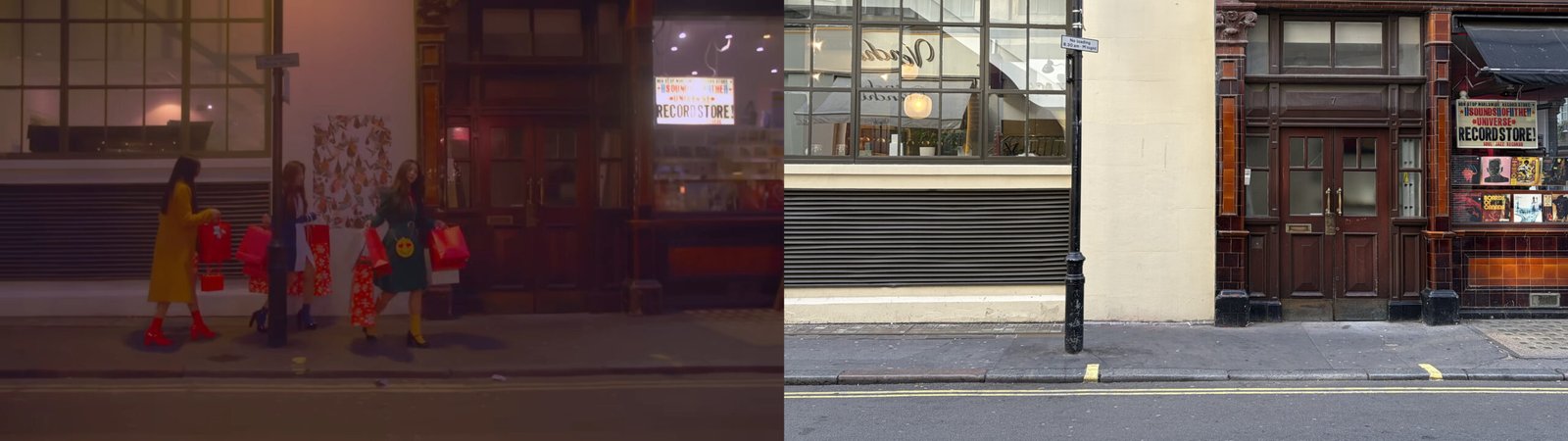 In the "The Carol" music video, HeeJin, HyunJin, and HaSeul are walking here, on Broadwick St.