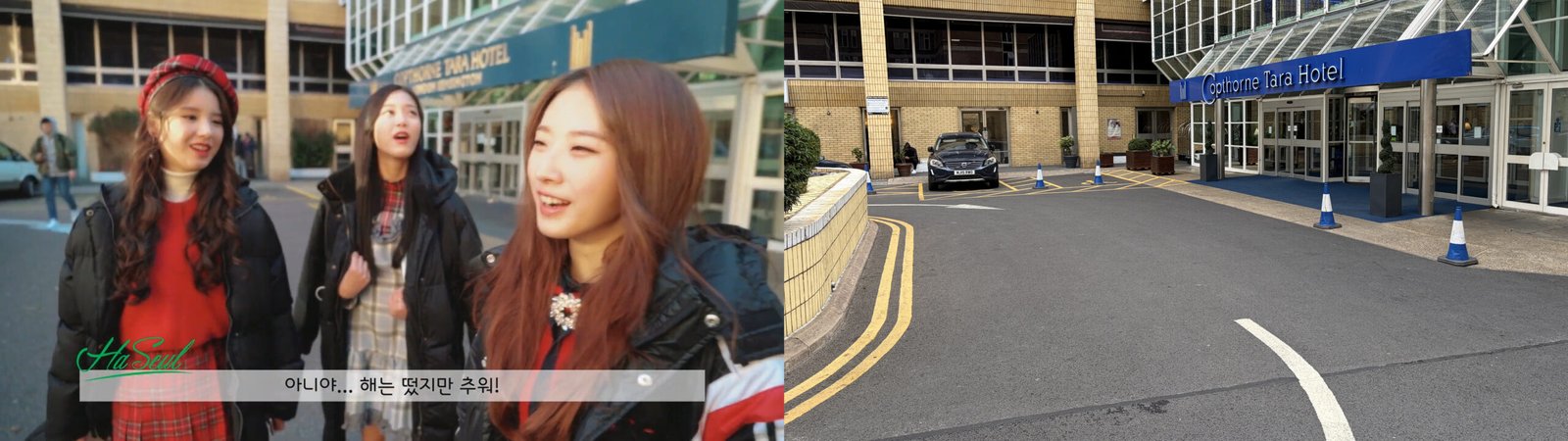 In Loona TV #57, HeeJin, HyunJin, and HaSeul were outside the Copthorne Tara Hotel London Kensington.