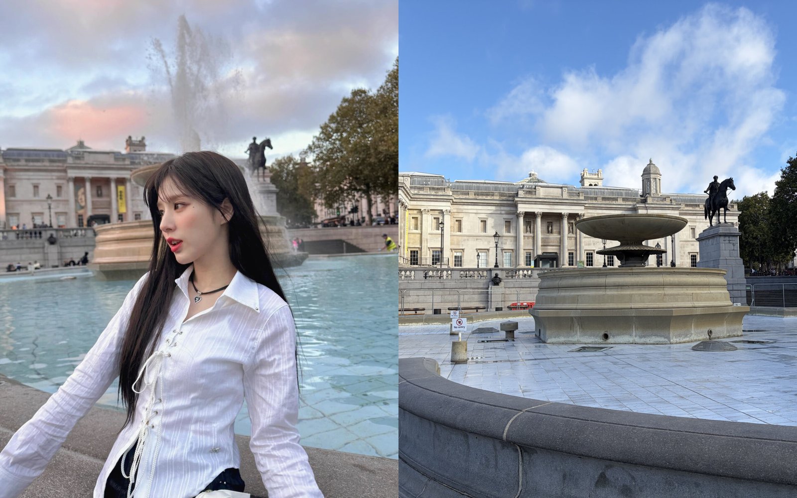 This photo of HeeJin was taken next to one of the fountains in Trafalgar Square.