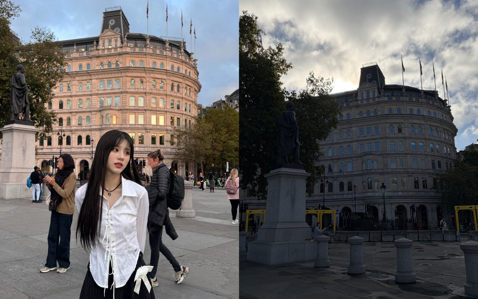 This photo of HeeJin was taken at the edge of Trafalgar Square, next to one of the fountains.