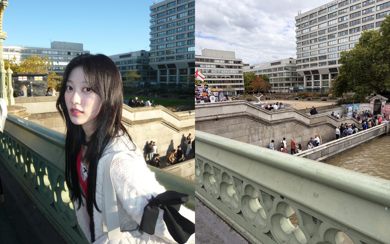 Choerry and Kim Lip took photos at the eastern end of Westminster Bridge, looking towards the staircase leading to the riverside path.
